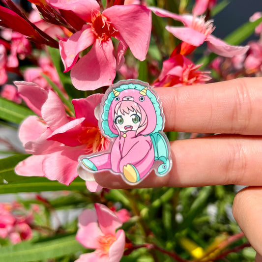 Pink spy girl in onesie acrylic pin